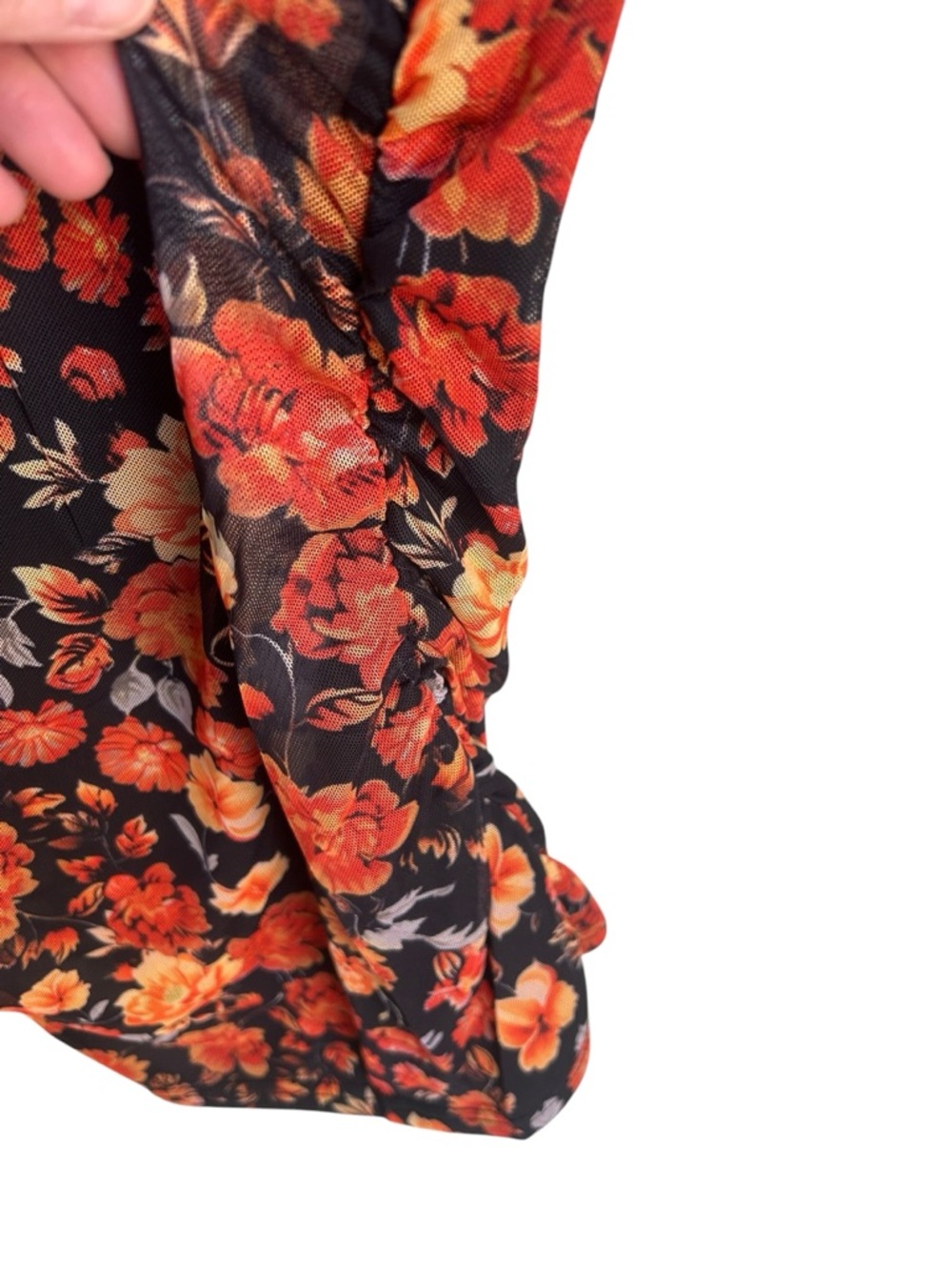 Zeagoo mesh floral top orange and black ruched sides Size Medium - Picture 4 of 5